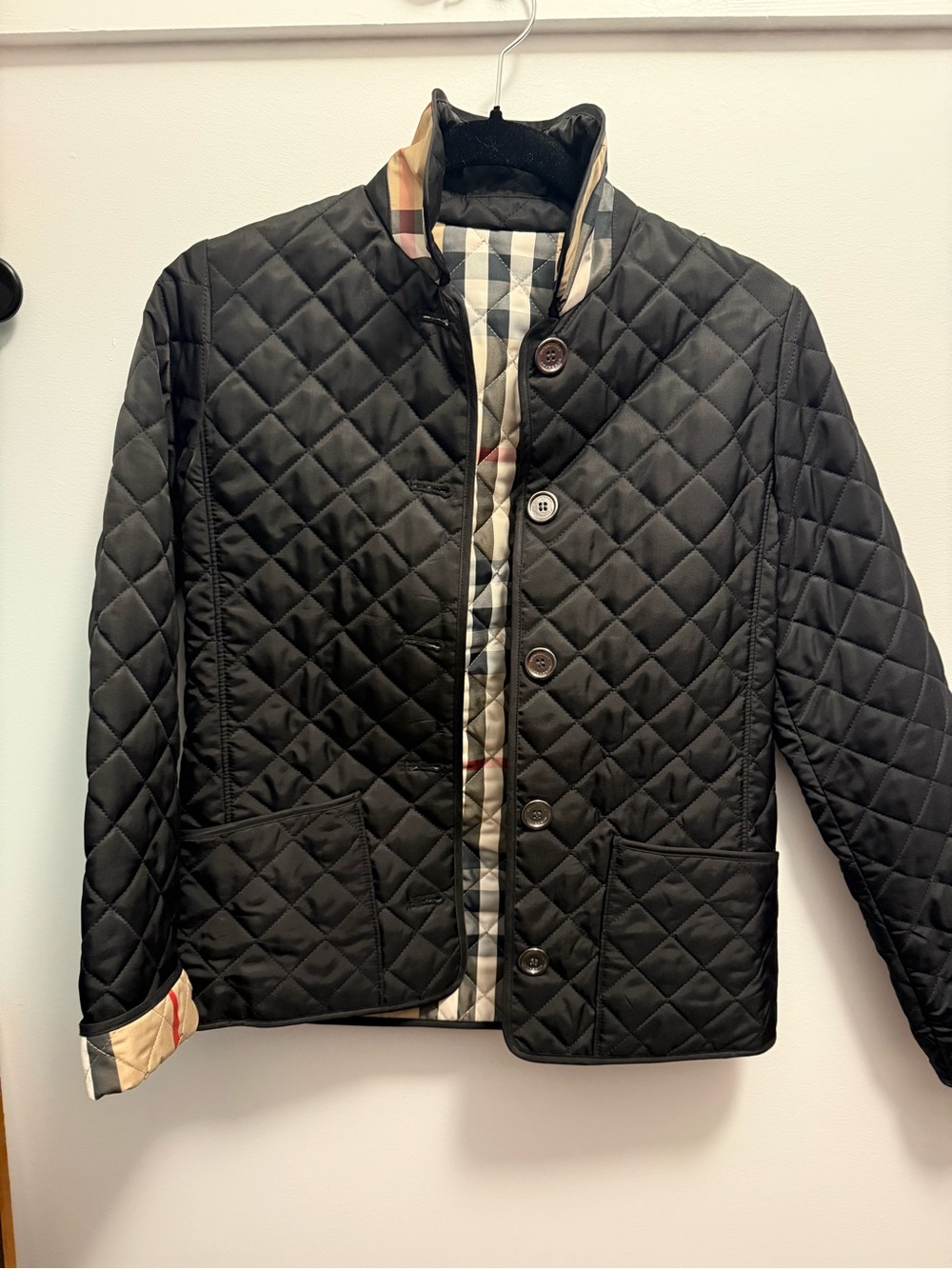 Burberry Black Quilted Button-Front Jacket with Signature Check Trim